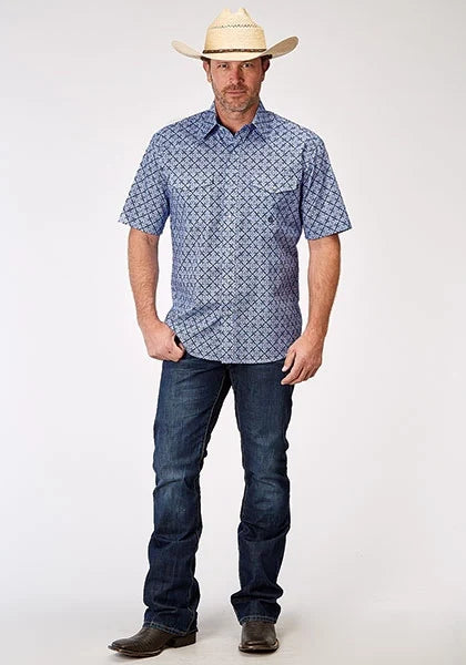 Roper 1932 Blue Skies Tie Print (Blue) - Men's Short Sleeve Shirt