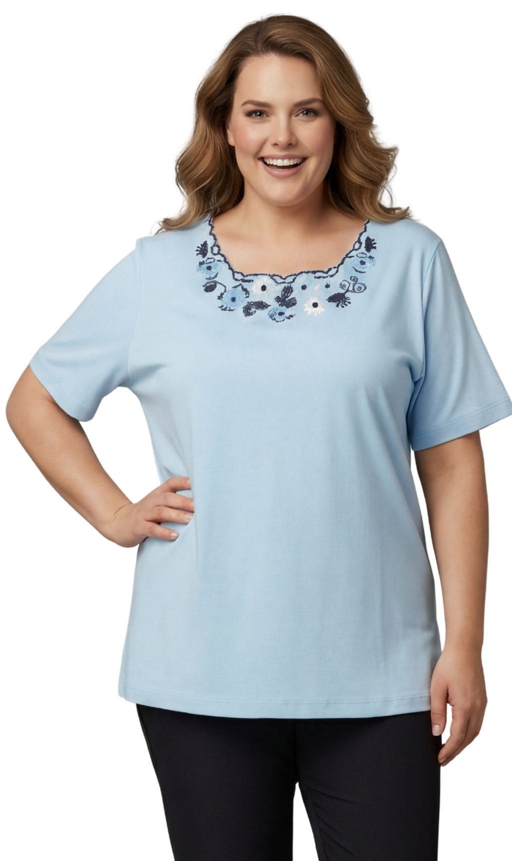 Women's Scalloped Neckline Embellished Short Sleeve Tee