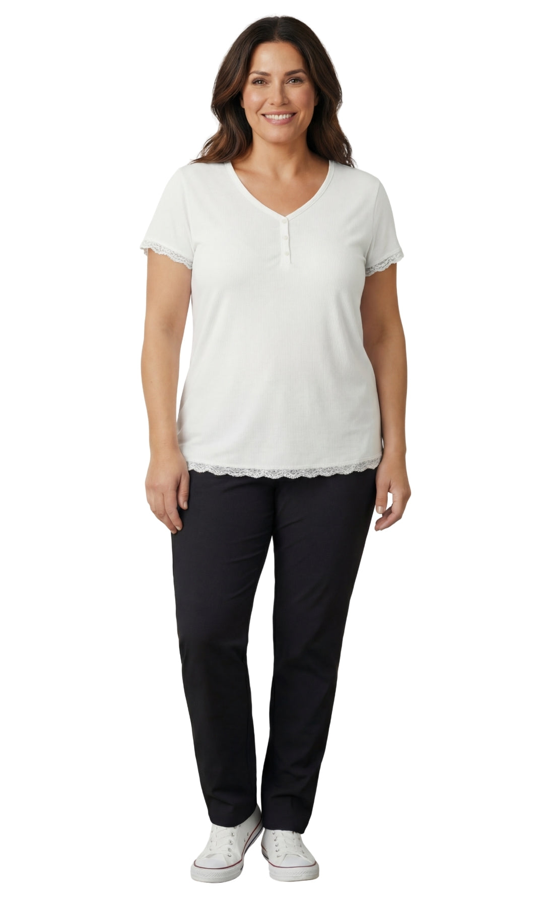 Women's Short Sleeve V-Neck Tee with 3-Button Henley Placket