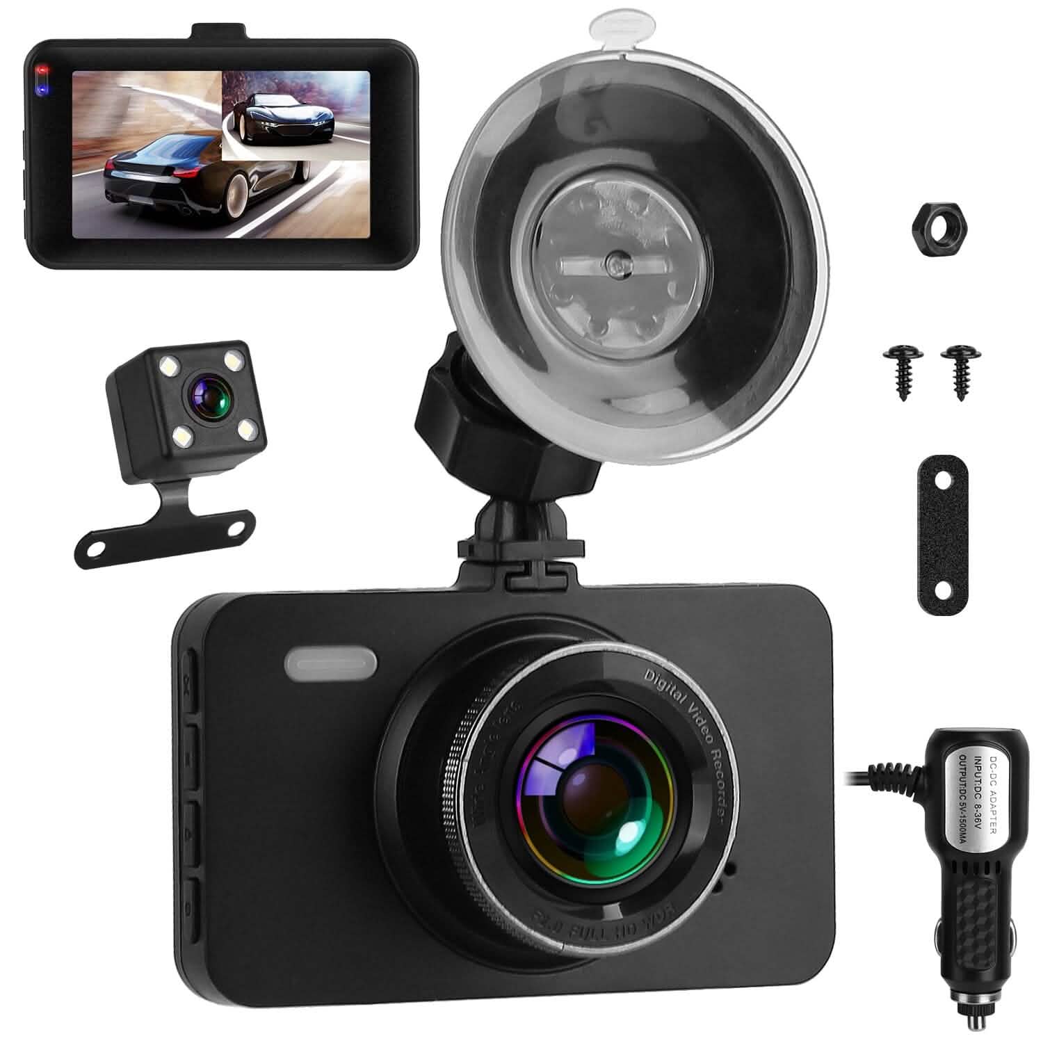 1080P Dual Dash Cam 3" Screen with Front and Rear Camera G-Sensor Motion Night Vision Loop Recording