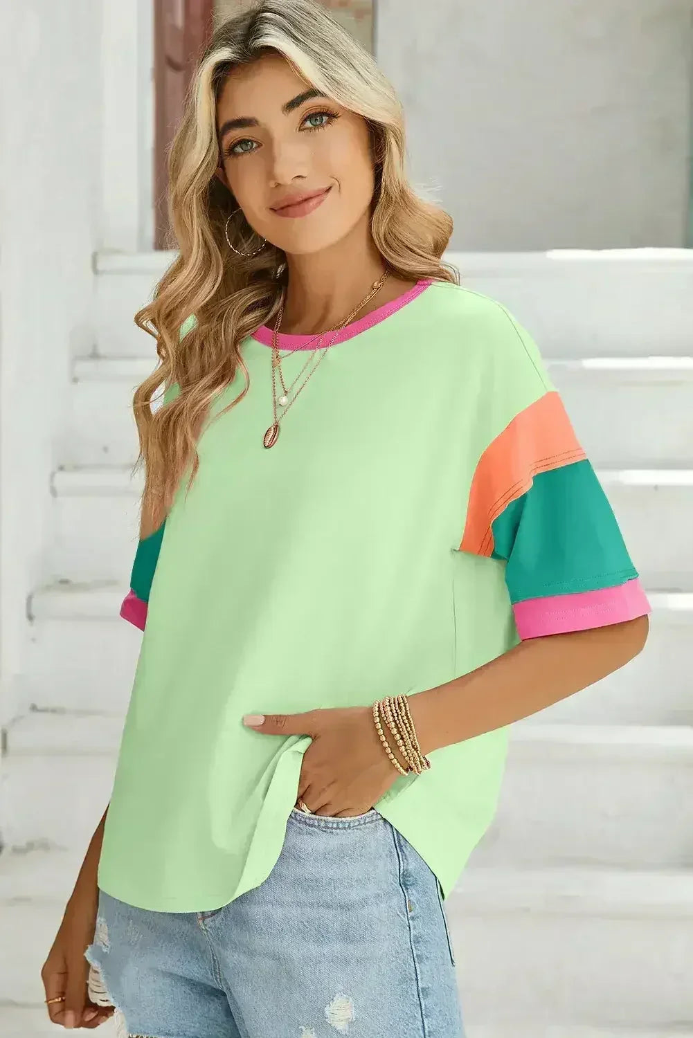 Light Blue Color Block Sleeve Round Neck Oversize Top