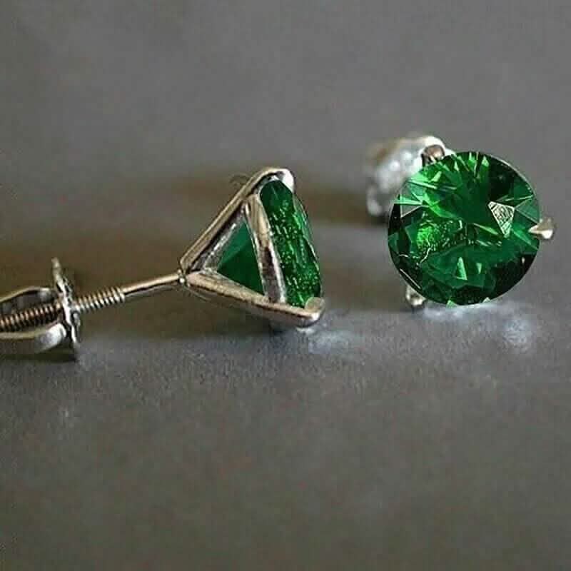 2.00 Ct Round Cut Natural Emerald Solitaire Stud Earrings 14k White Gold