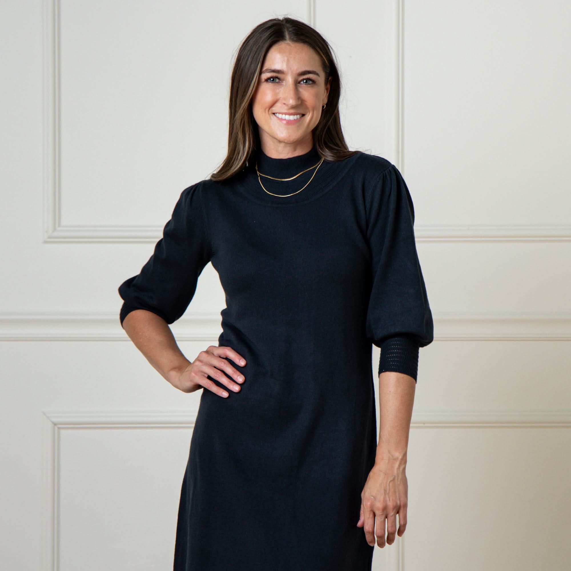 Mock Neck Puff Sleeve Sweater Dress