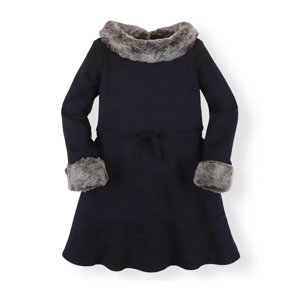 Long Sleeve Ponte Dress with Faux Fur