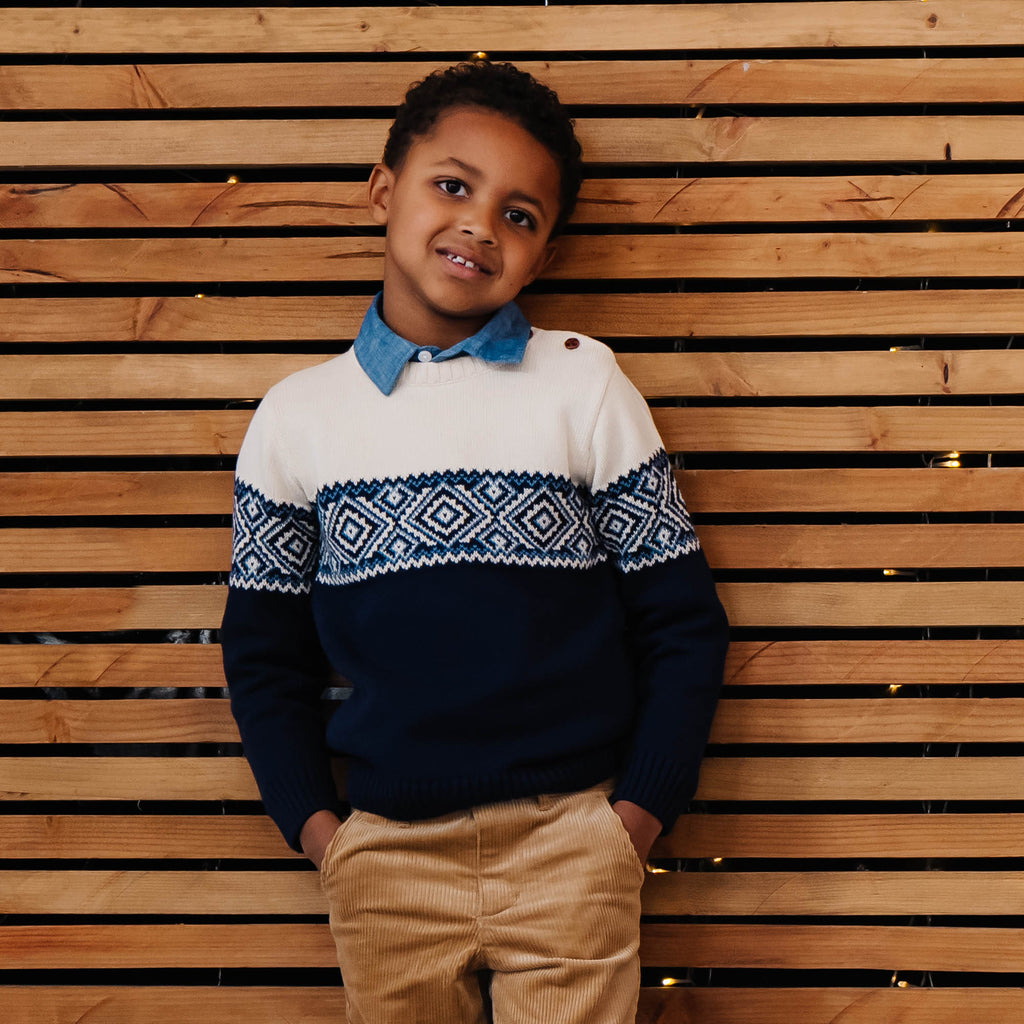 Organic Intarsia Crew Neck Button Sweater