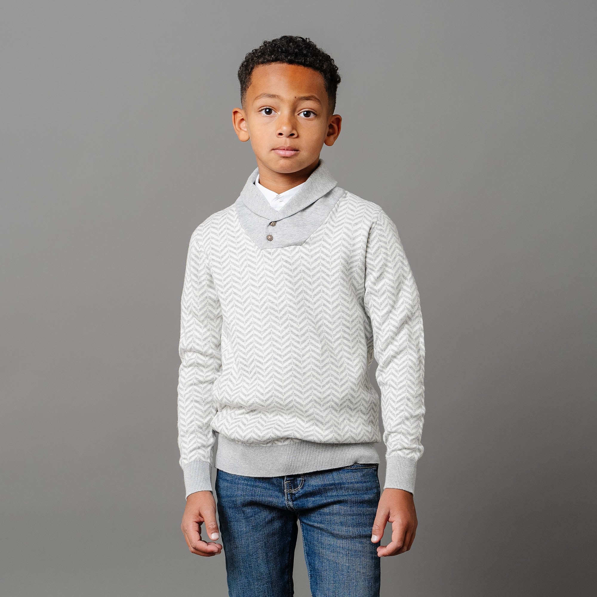 Organic Intarsia Shawl Collar Sweater