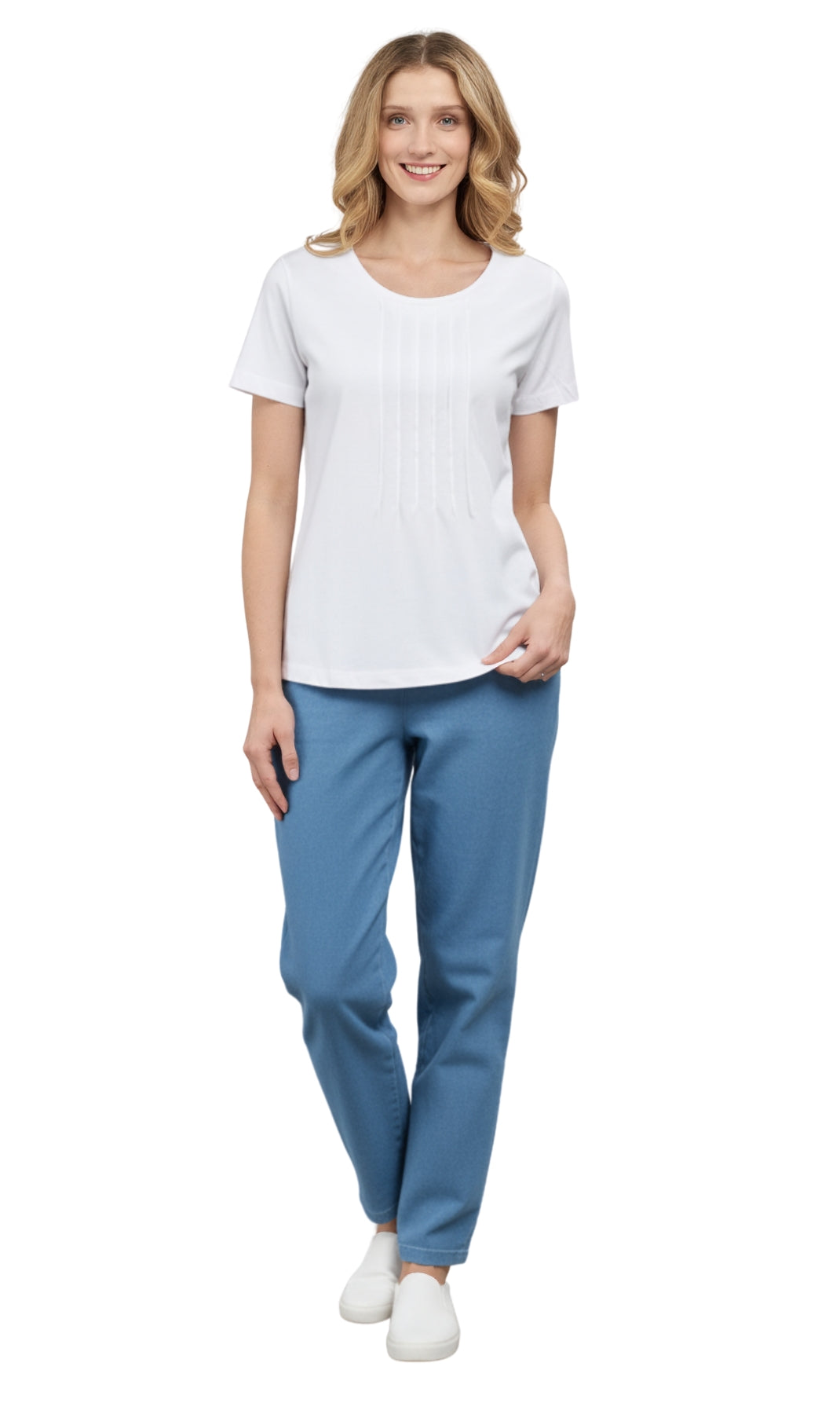 Women's Short Sleeve Pintuck Scoop Neck T-Shirt — 100% Cotton Knit
