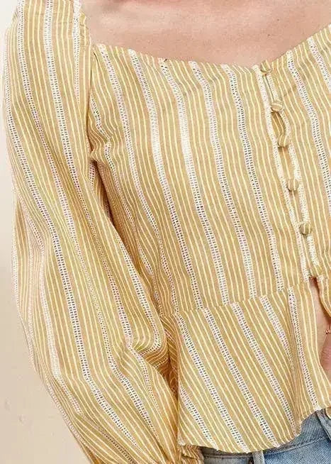 Smocked Cuff Button Front Peplum Blouse in Yellow | Femstylo