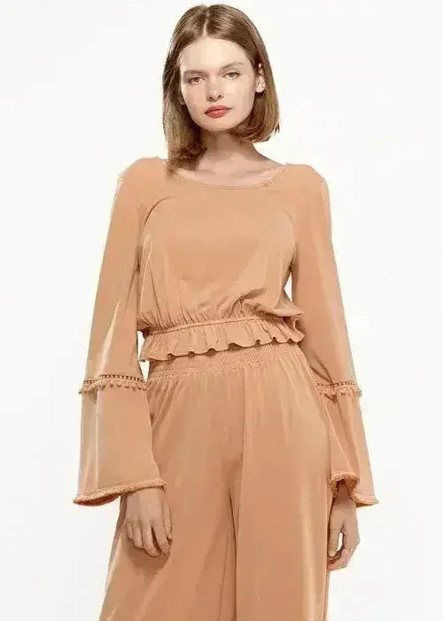 Women's Fringe Cuff Bell Sleeve Top in Apricot