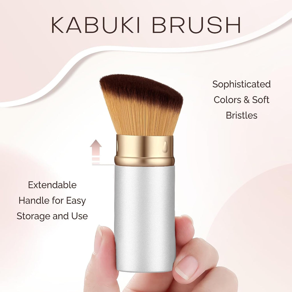 Retractable Kabuki Travel Makeup Brush, All-in-One | Ultra-soft dense bristles for powder, blush & foundation. Protective cap for mess-free travel (Color - White)