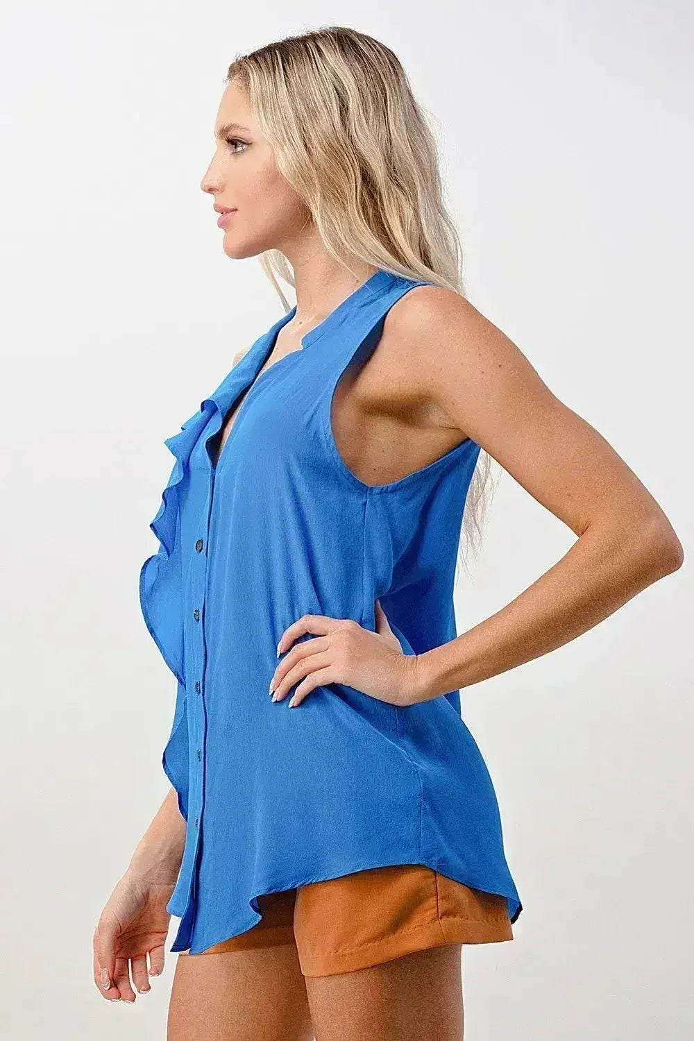 Silk Sleeveless Ruffle Blouse - Asymmetrical Button-Up Top in Orange & Blue | Femstylo