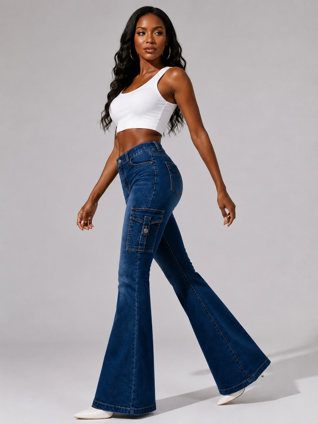 Women's High-quality Stretch Vintage Washed Cargo Flare Jeans, Y2K Style, Casual And Versatile, Suitable For All Seasons