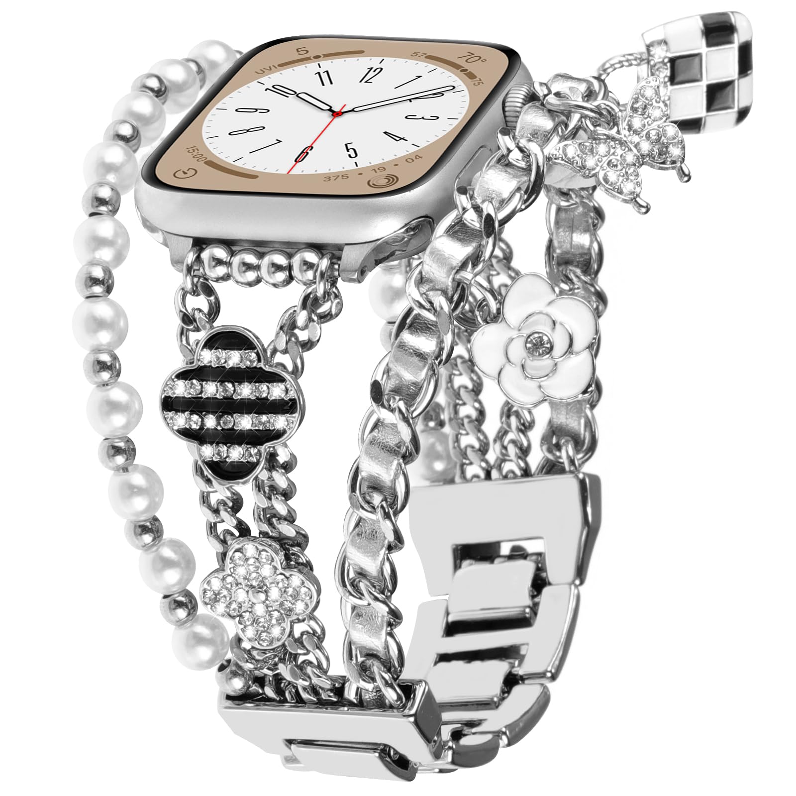 Stylish Metal Bands Compatible with Apple Watch Band 38mm 40mm 41mm 42mm 44mm 45mm 46mm 49mm Women Chain Multilayer Wrap Bracelet Charms Pendants Strap for iWatch Series 10 9 8 7 6 5 4 3 2 1 SE Ultra (Silver Link/Silver Leather 38/40/41/42mm(Series 10)