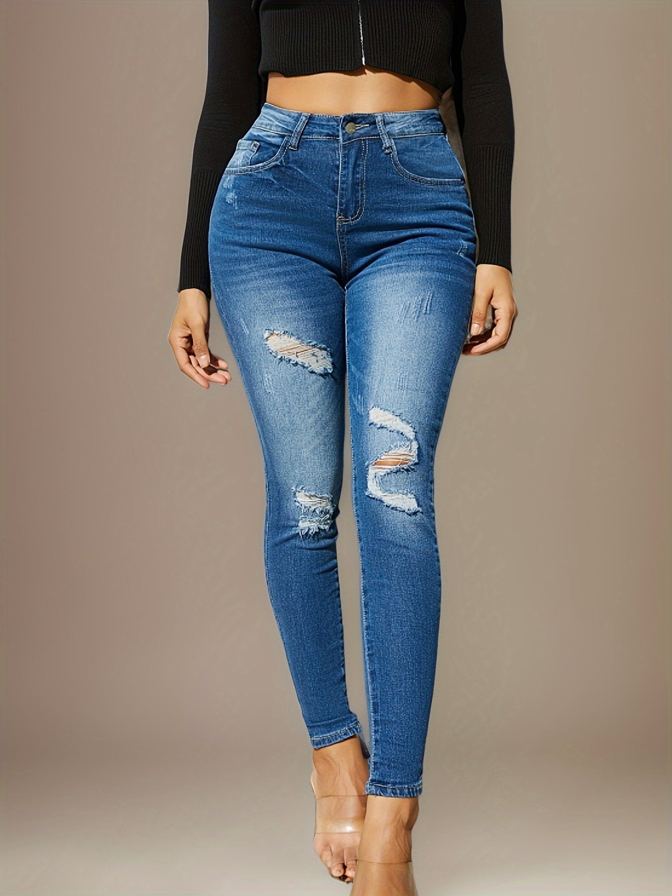 New Fashion Stylish Women’s Skinny Fit Jeans - High-Waist, Frayed Hem, Distressed Washed Denim Pants With Stretch For Comfortable Street Style Fashion - Women Clothing