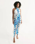 Sheer Mosaic Squares Blue and White Swimsuit Cover Up