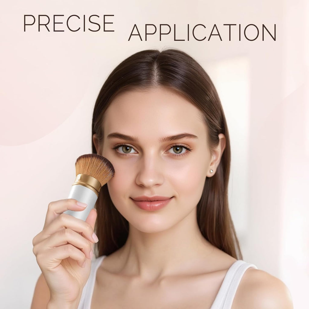 Retractable Kabuki Travel Makeup Brush, All-in-One | Ultra-soft dense bristles for powder, blush & foundation. Protective cap for mess-free travel (Color - White)