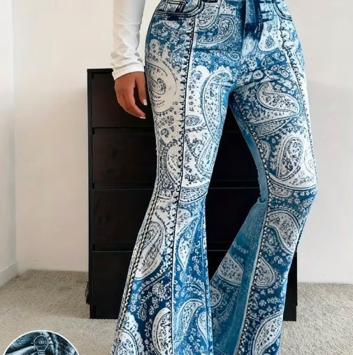 Printed Casual High-Waisted Flare Jeans