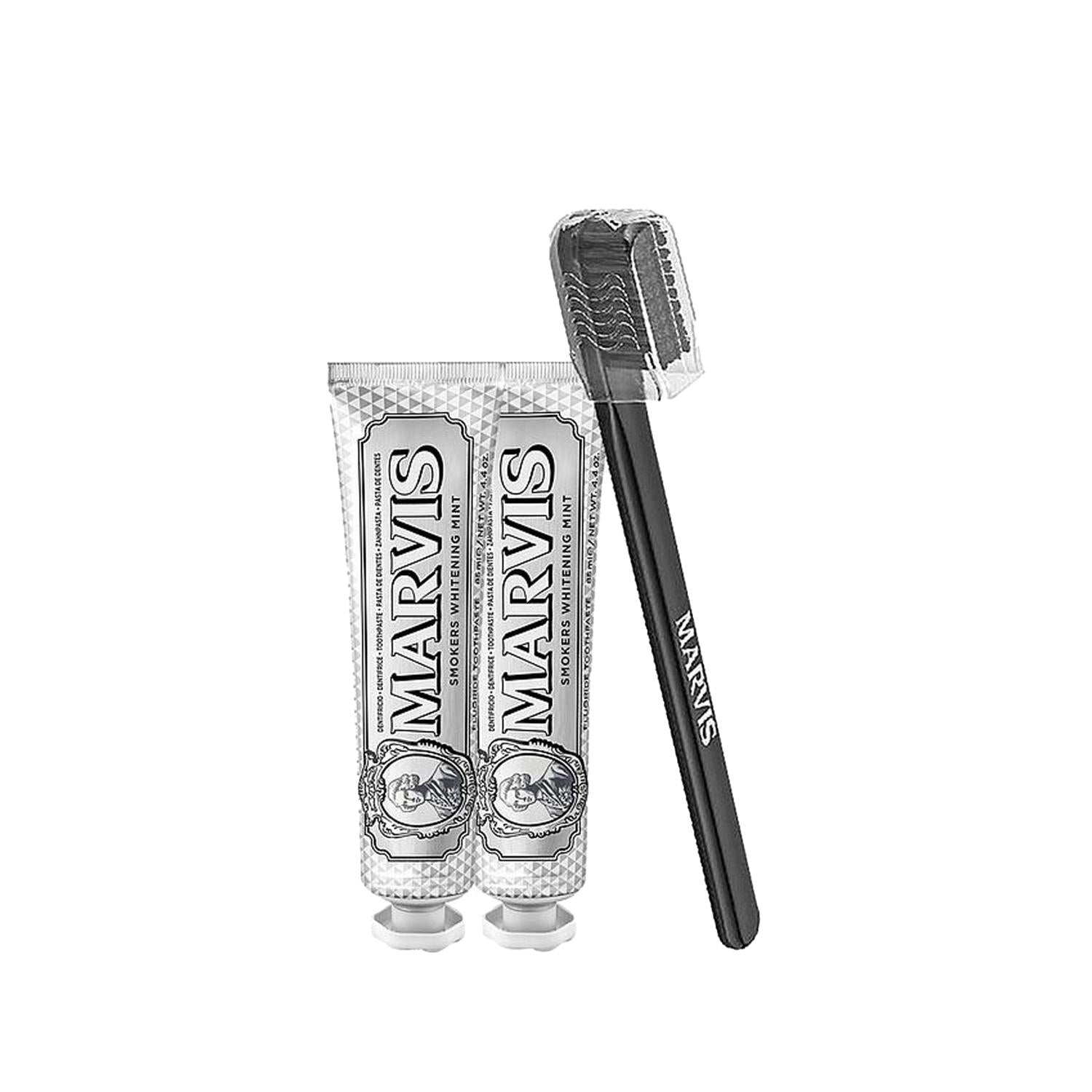 Marvis Whitening Mint Toothpaste - 2 Pack w/ Toothbrush: Achieve a Brighter, More Confident Smile with Superior Teeth Whitening.