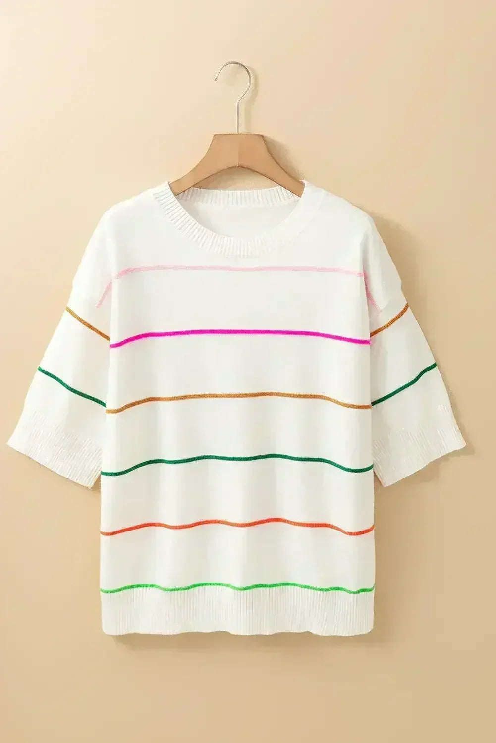 White Striped Half Sleeve Drop Shoulder Sweater