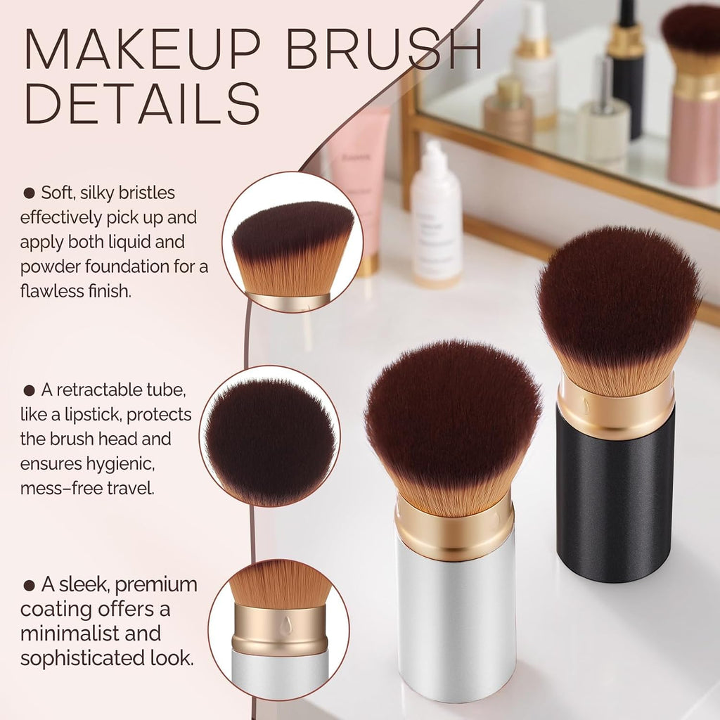 Retractable Kabuki Travel Makeup Brush, All-in-One | Ultra-soft dense bristles for powder, blush & foundation. Protective cap for mess-free travel (Color - White)