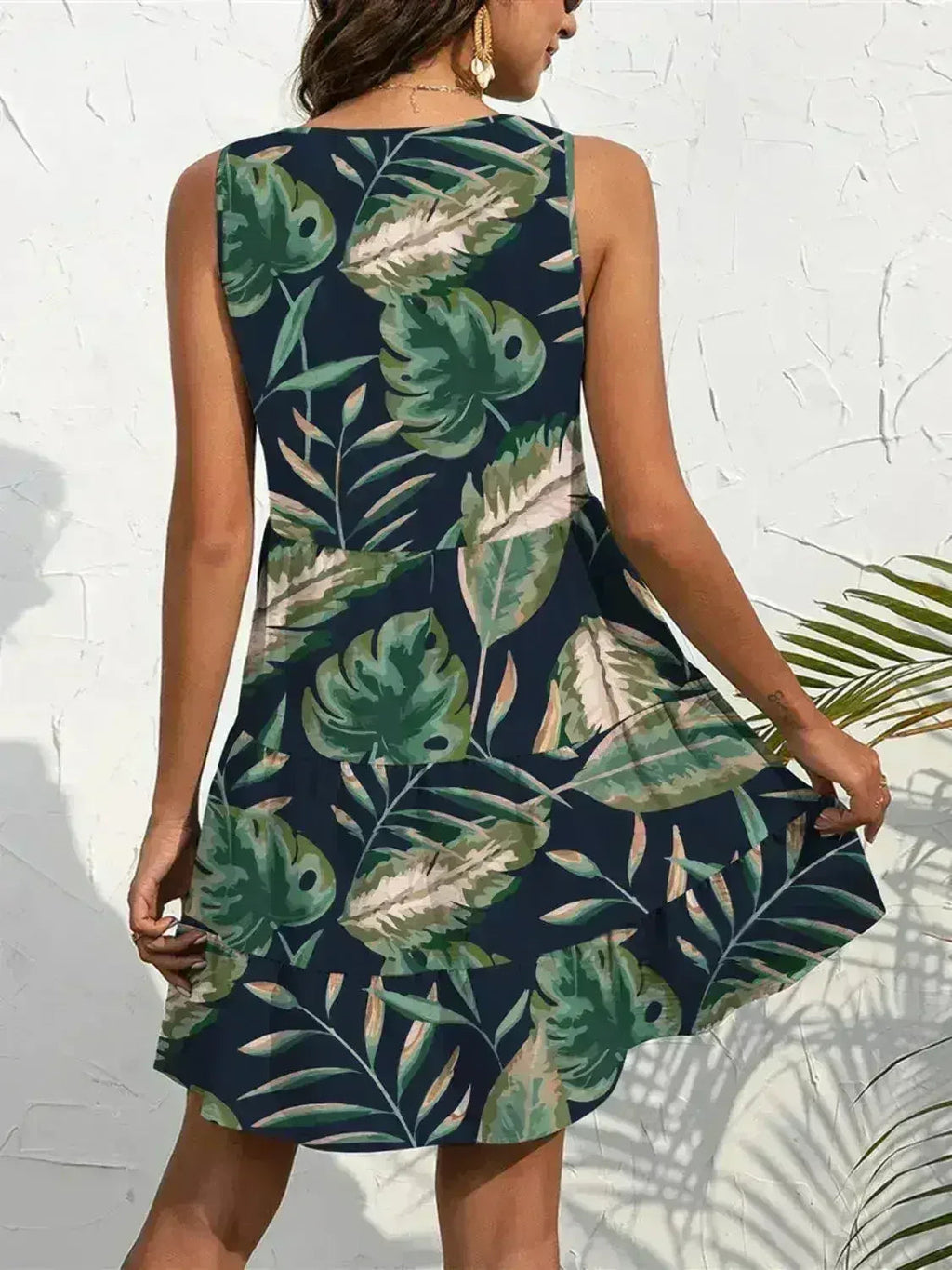 Printed V-Neck Mini Dress – Sleeveless & Button Detail