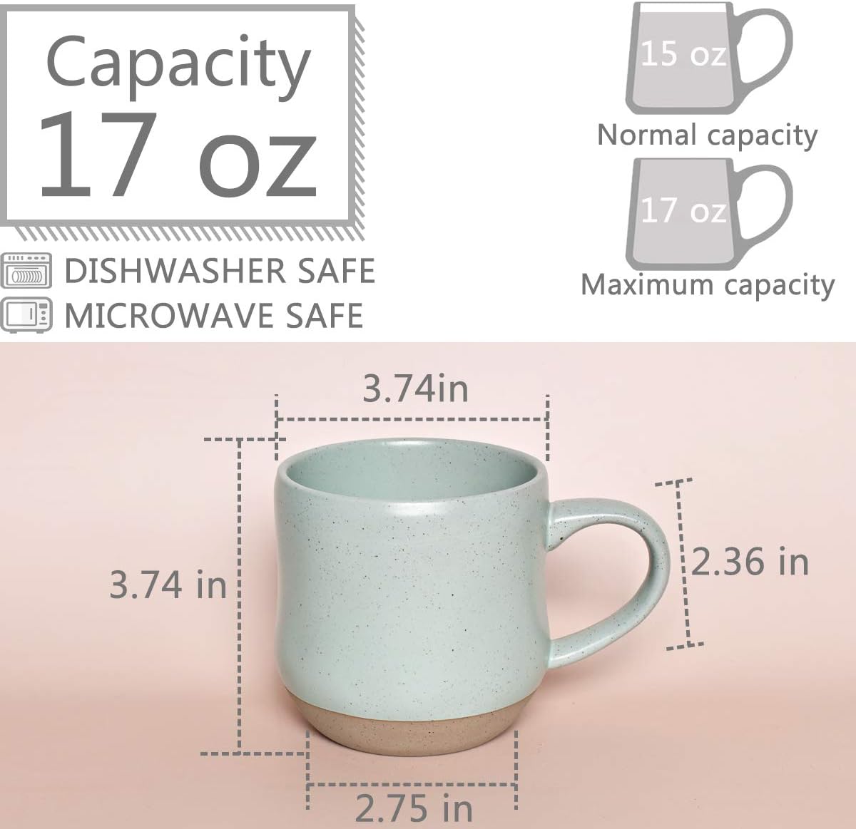 Bosmarlin Large Stoneware Speckled Coffee Mugs Set of 2, Big Tea Cup, 17 Oz, Dishwasher and Microwave Safe
