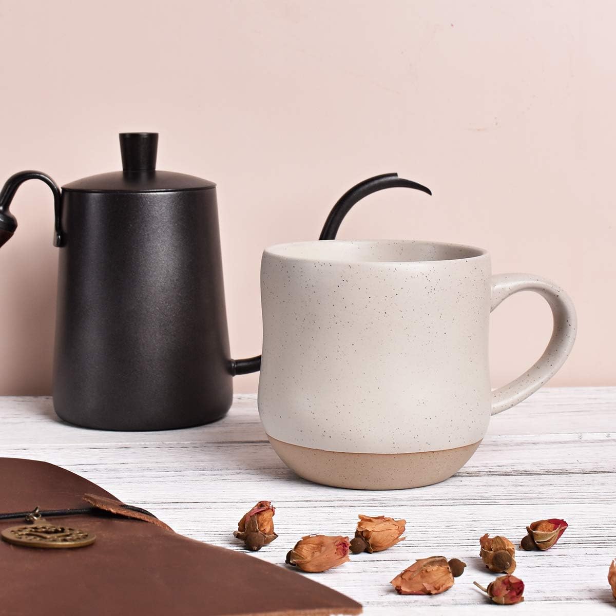 Bosmarlin Large Stoneware Speckled Coffee Mugs Set of 2, Big Tea Cup, 17 Oz, Dishwasher and Microwave Safe