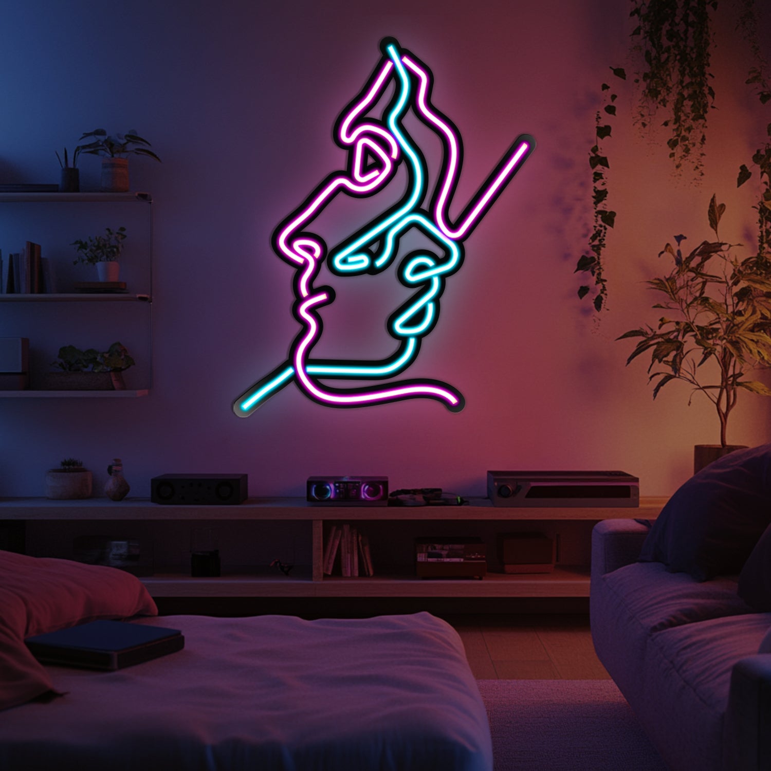Two Faces Line Art Metal Neon Wall Art- LN0007