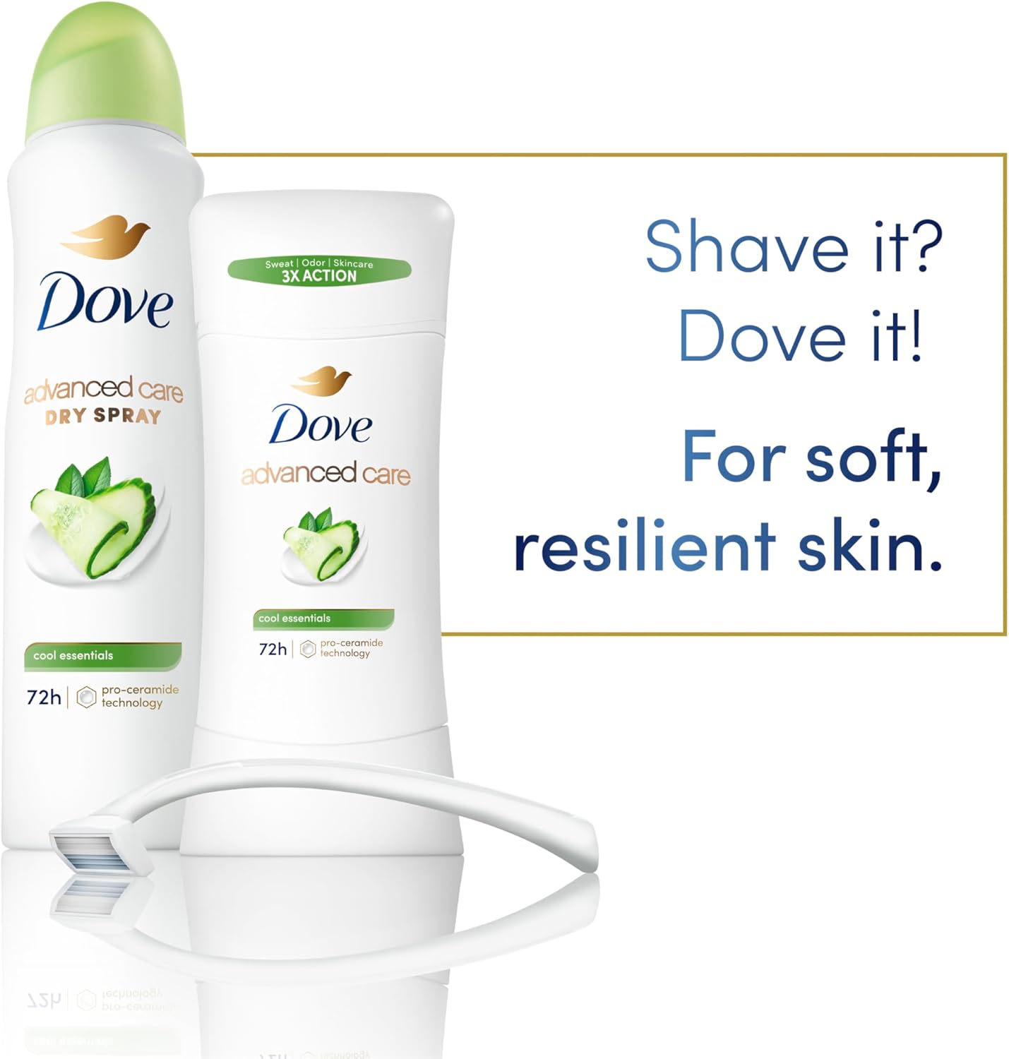 Dove Advanced Care Anti Deo Stick Cool Essentials Twin Pack for helping your skin barrier repair after shaving 72 h odor control and all-day sweat protection with Pro Ceramide Technology 2.6 oz