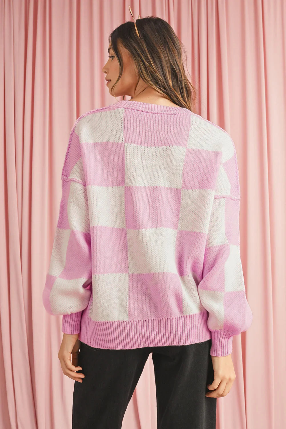 Dark Brown Plaid Bishop Sleeve Pullover Sweater