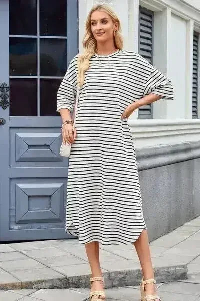 Lovelet Contrast Striped Half Sleeve Midi Tee Dress