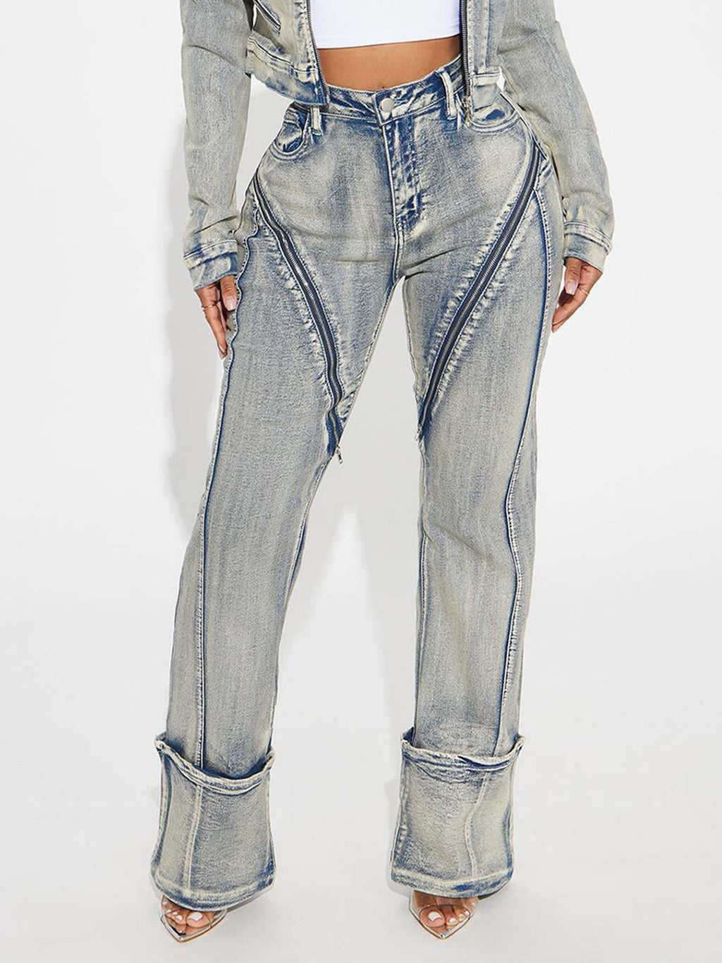 New Fashionable And Sexy Women's High Elasticity Washed Zipper Denim Pants