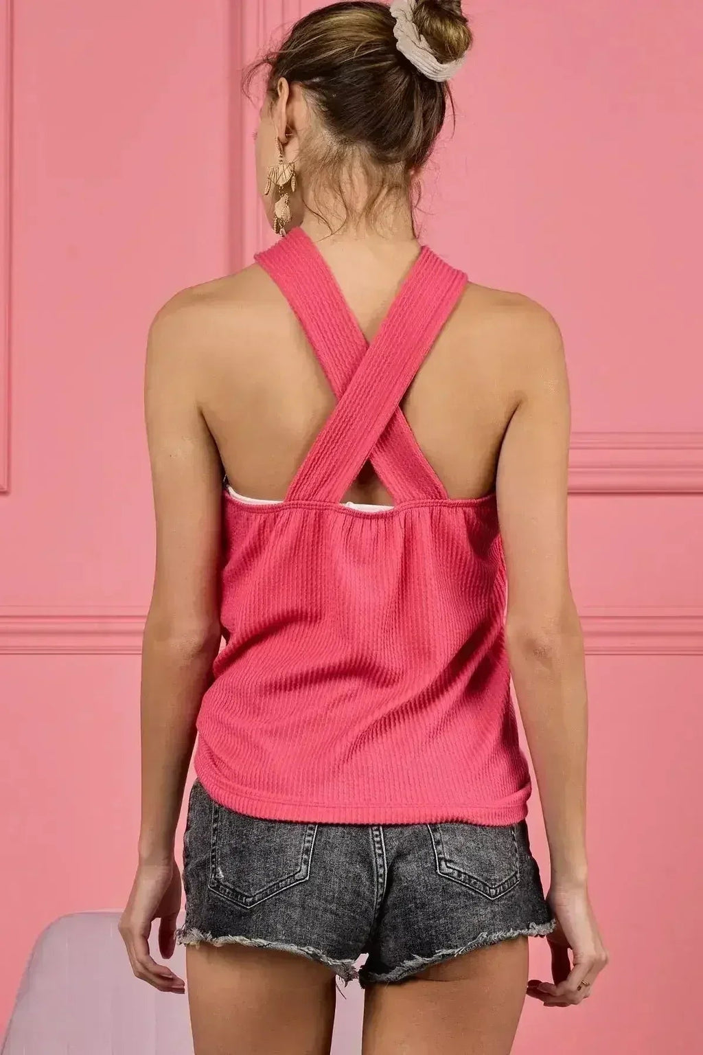 BiBi Lace Knit with Cut Out And Cross Neck Banded Top