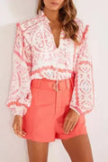 Desert Flower Vintage Print Smocked Poet Collar Blouse | Femstylo