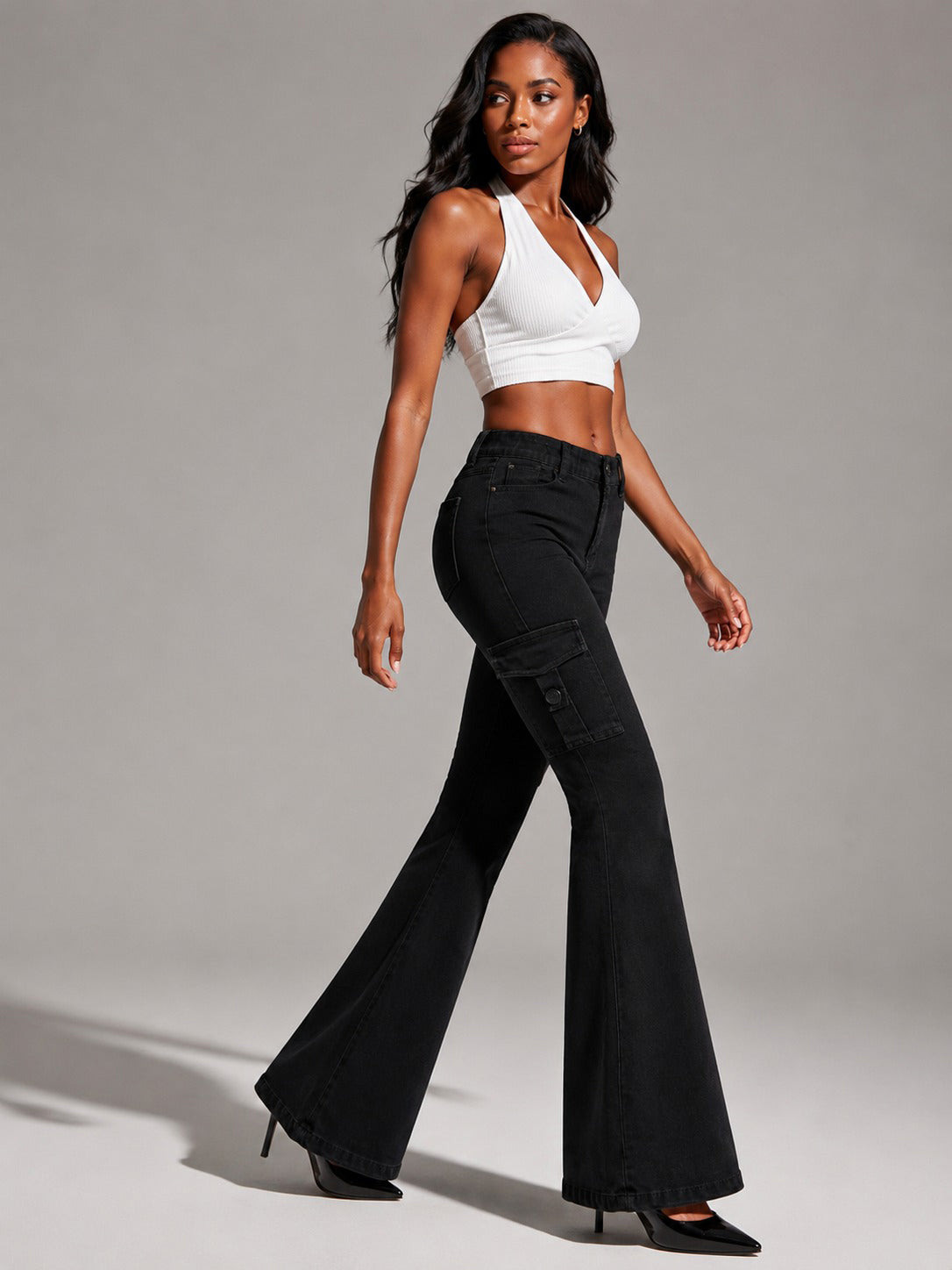 Women's High-quality Stretch Vintage Washed Cargo Flare Jeans, Y2K Style, Casual And Versatile, Suitable For All Seasons