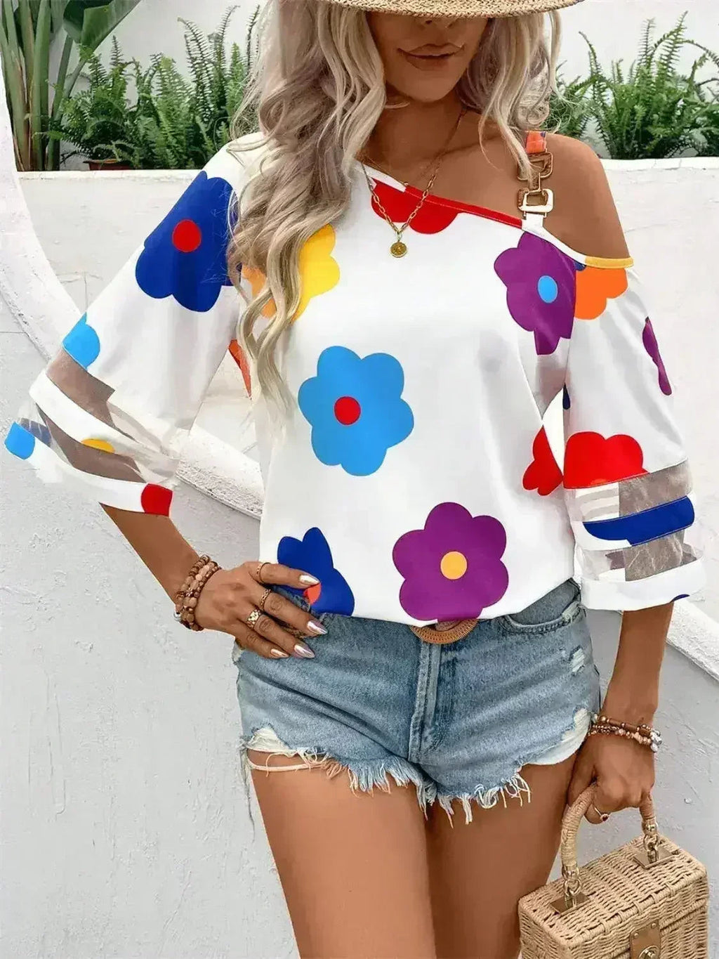 White Color Flower Asymmetrical Neck Blouse | Femstylo