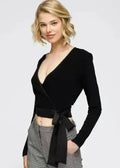Women's Wrap Front Tie Ribbed Crop Knit Top In Black