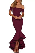 Burgundy Lace Trim Off Shoulder Fishtail Party Dress
