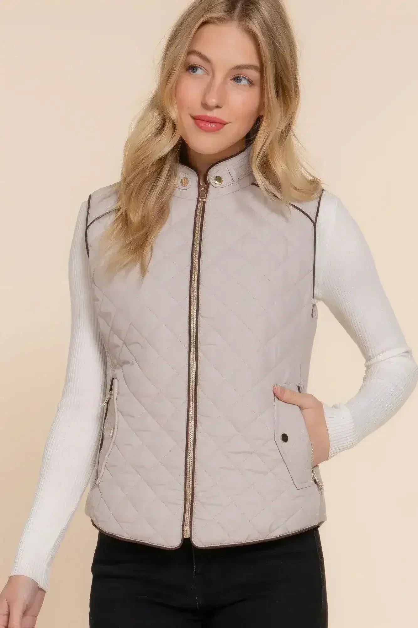 Quilted Suede Piping Vest - Pale Taupe | Femstylo