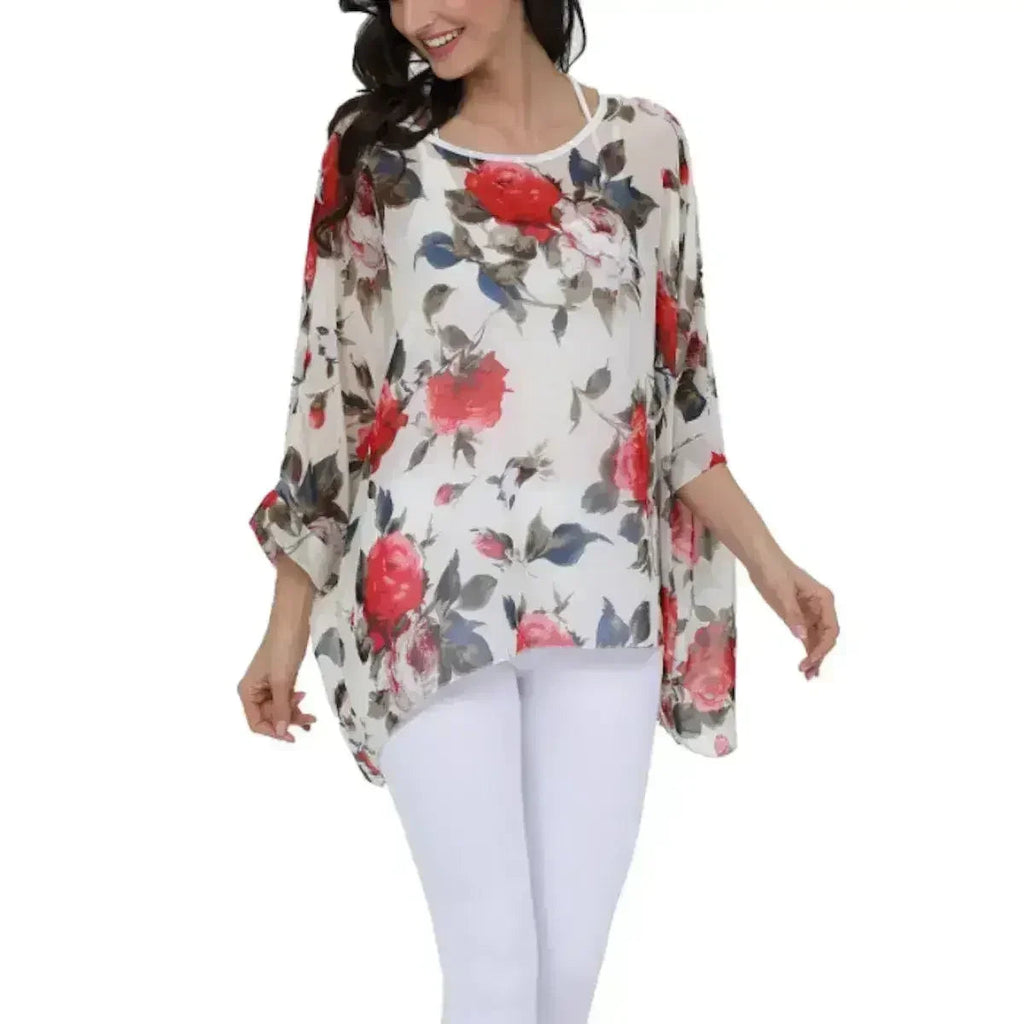 Rose Floral Chiffon Top - Boho Summer Loose Blouse | Femstylo
