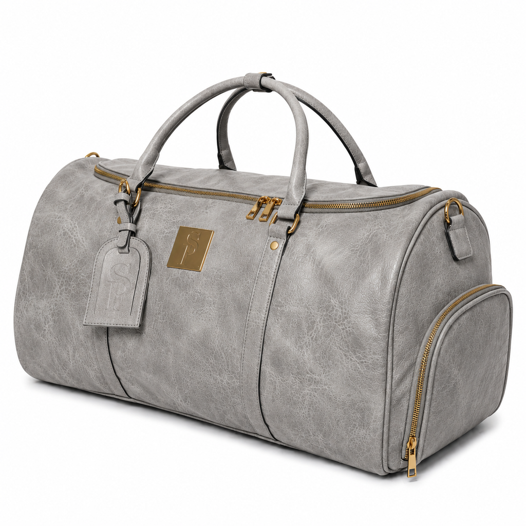 Grey Tumbled Leather Weekender Duffle Bag