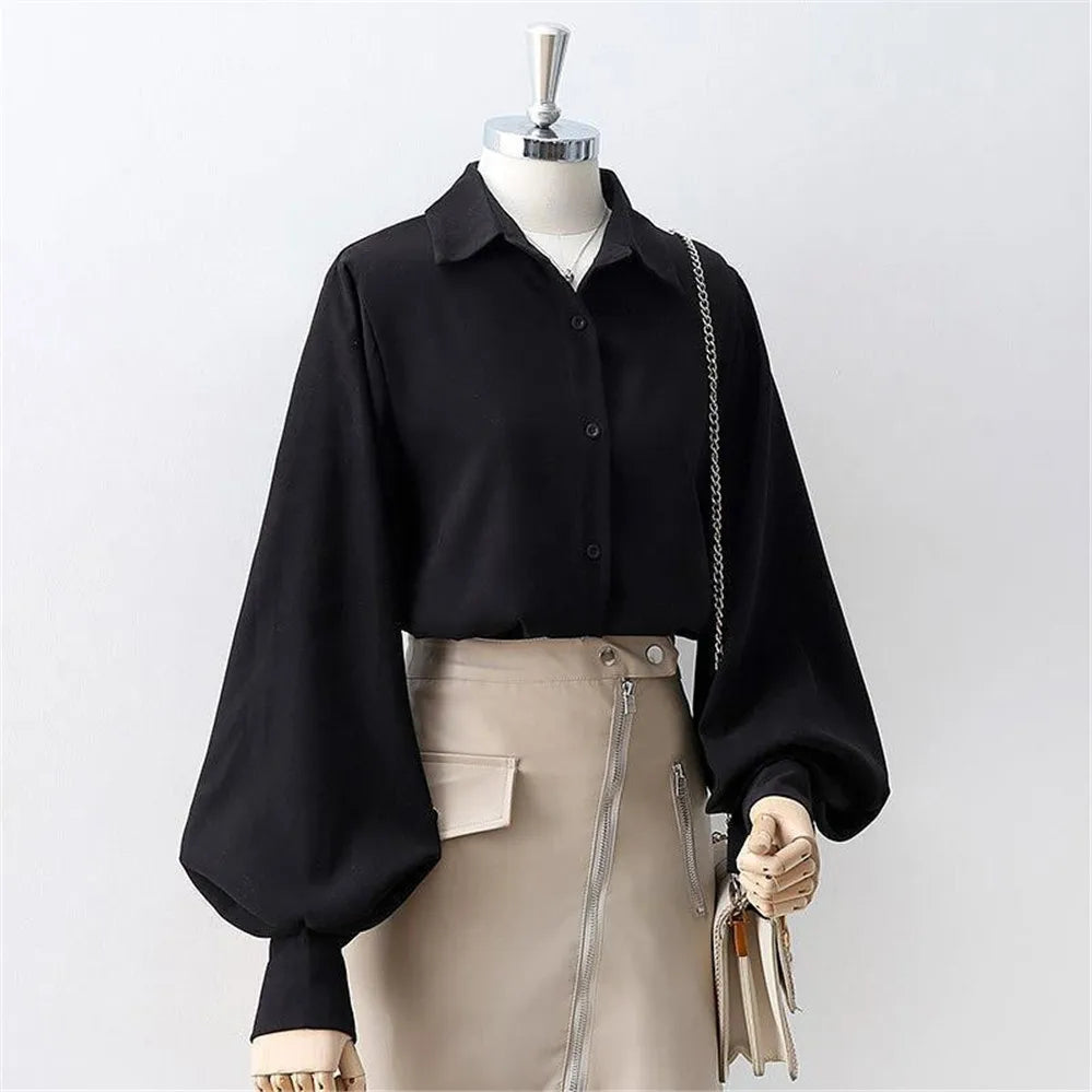 Korean Style 2022 Shirts Women Lantern Sleeve Loose Turn-down Collar Simple Solid Feminino Blouses Autumn All-match Fashion