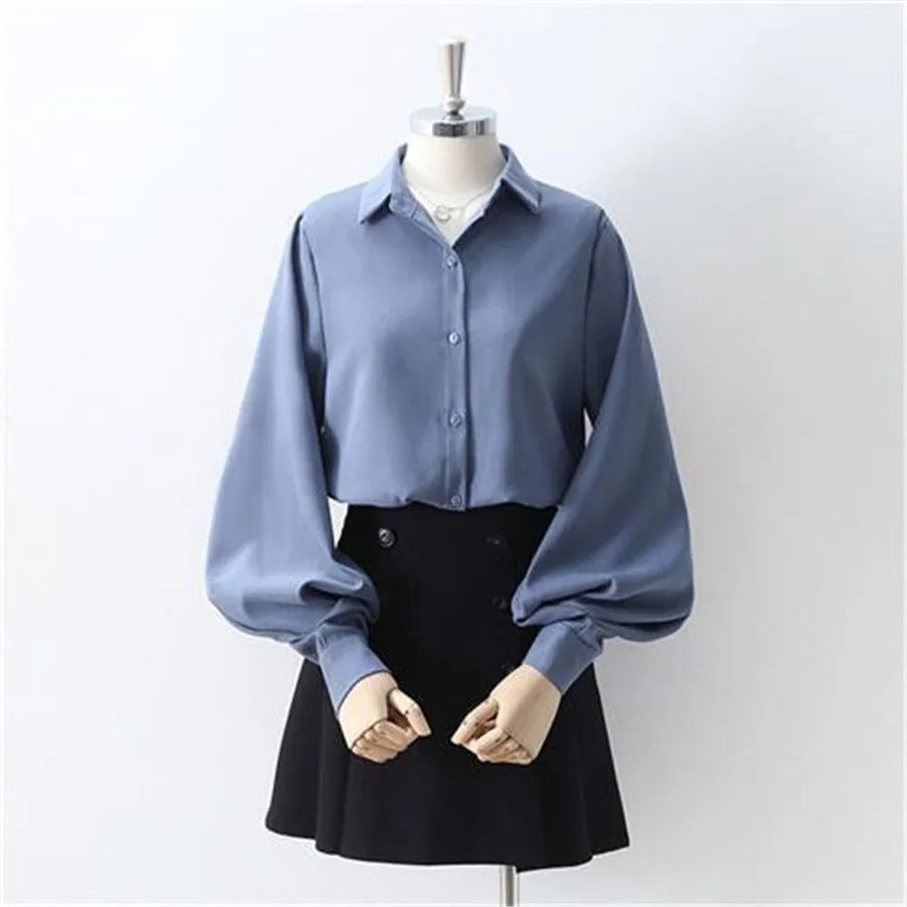 Korean Style 2022 Shirts Women Lantern Sleeve Loose Turn-down Collar Simple Solid Feminino Blouses Autumn All-match Fashion