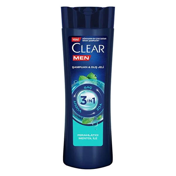 Clear Men 3-in-1 Shampoo, Body Wash & Face Wash with Charcoal - 11.83 fl oz, Anti-Dandruff, Menthol Refresh