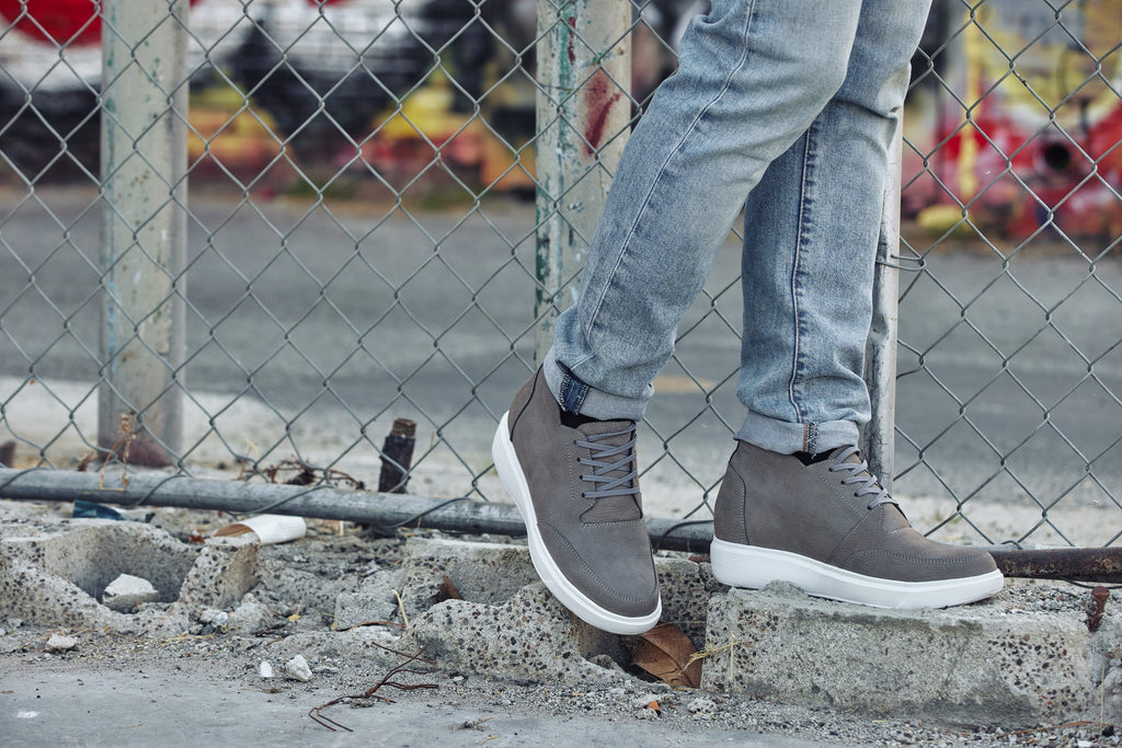 CALTO - J1771  - 3.2 Inches Taller (Grey) - Casual Chunky Sole Boots – Soft Pebble Grain Nubuck Leather