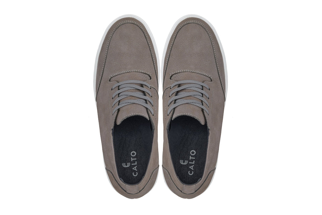 CALTO - J1771  - 3.2 Inches Taller (Grey) - Casual Chunky Sole Boots – Soft Pebble Grain Nubuck Leather