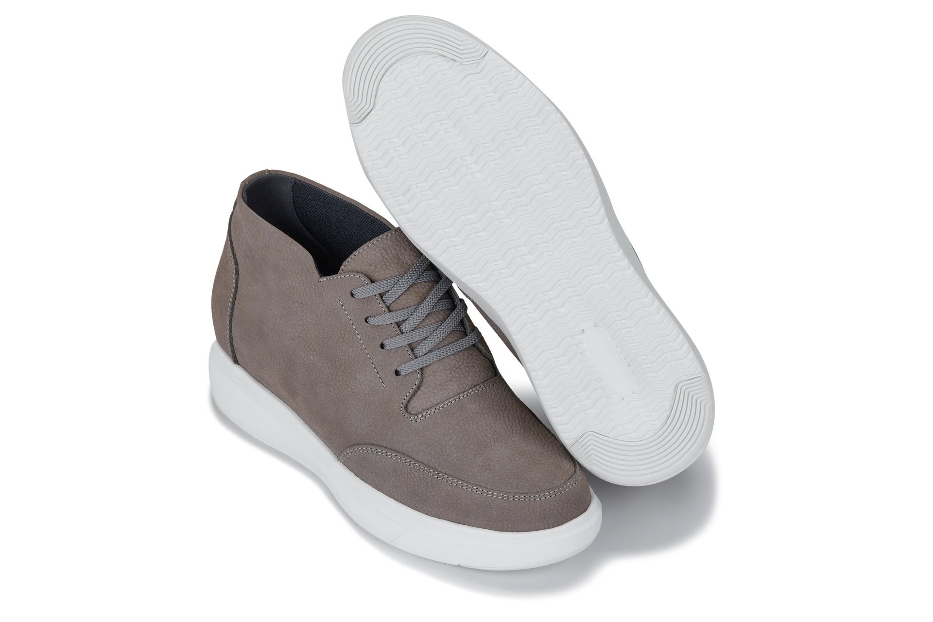 CALTO - J1771  - 3.2 Inches Taller (Grey) - Casual Chunky Sole Boots – Soft Pebble Grain Nubuck Leather