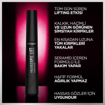 Loreal Paris Telescopic Lift Extra Black Mascara - Long-Lasting, Volumizing, Lengthening Mascara for Dramatic Eye Look