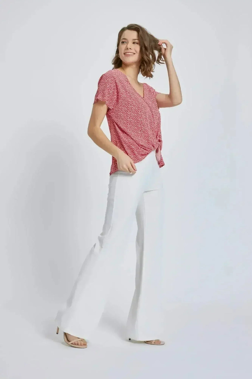 V-Neck Wrap Front Blouse - Knot Detail Short Sleeve Top for Women | Femstylo