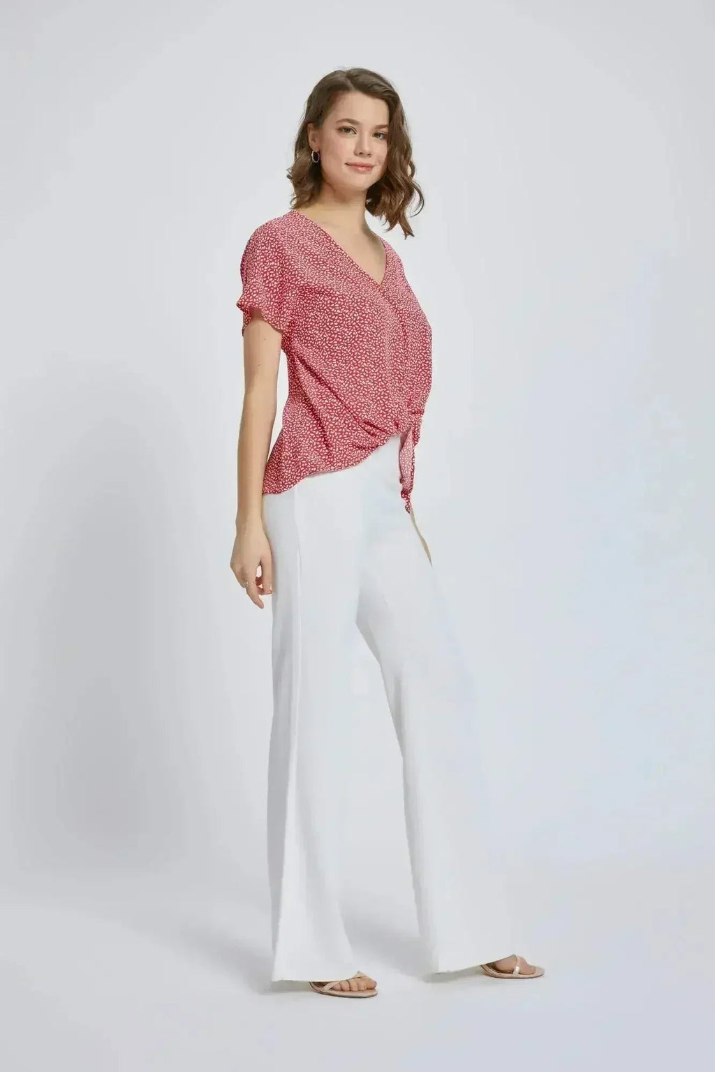 V-Neck Wrap Front Blouse - Knot Detail Short Sleeve Top for Women | Femstylo